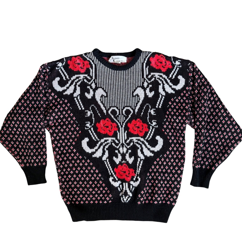 Vintage Western Connection Novelty Knit Sweater Rose Floral Pattern Medium